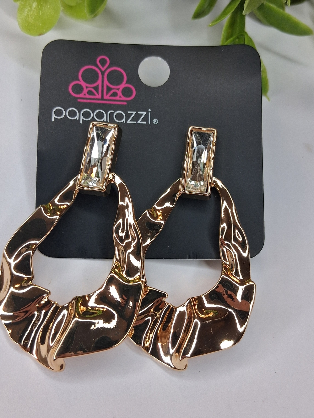 Gold Sculpted Drop Earrings with Clear Stone Accent